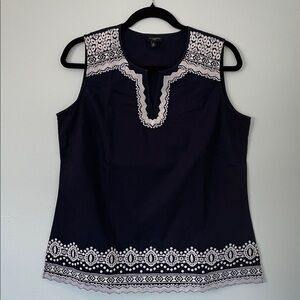 Talbots Navy and White Sleeveless Embroidered Blouse